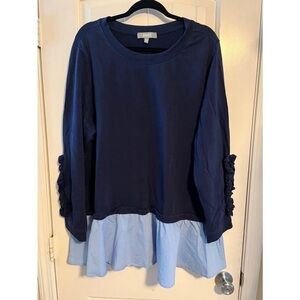 Marled lagen look blue academia preppy top with ruffled sleeves size 3xl